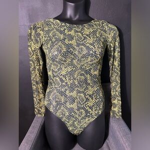 H&M Yellow Snake Print Long Sleeve Bodysuit XS Mesh
